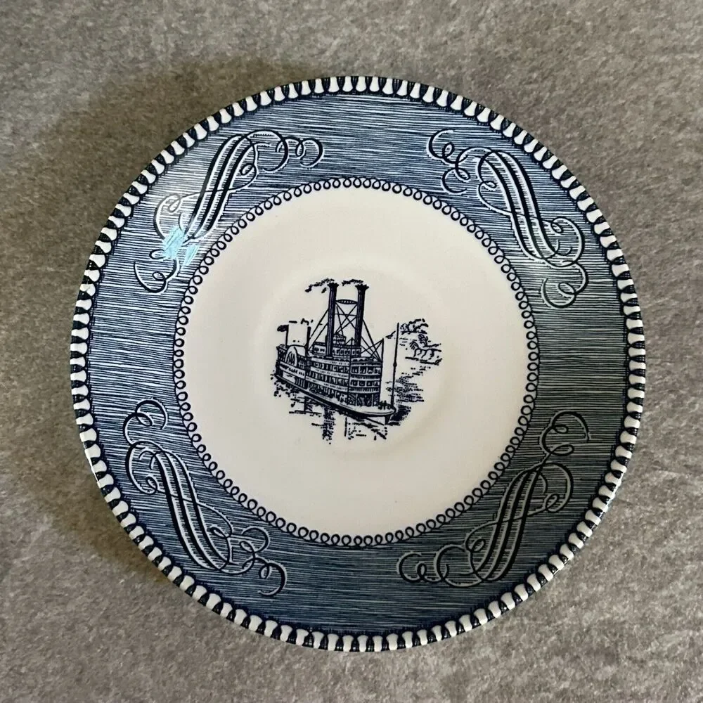 2 Currier and Ives Blue & White Steamboat 6